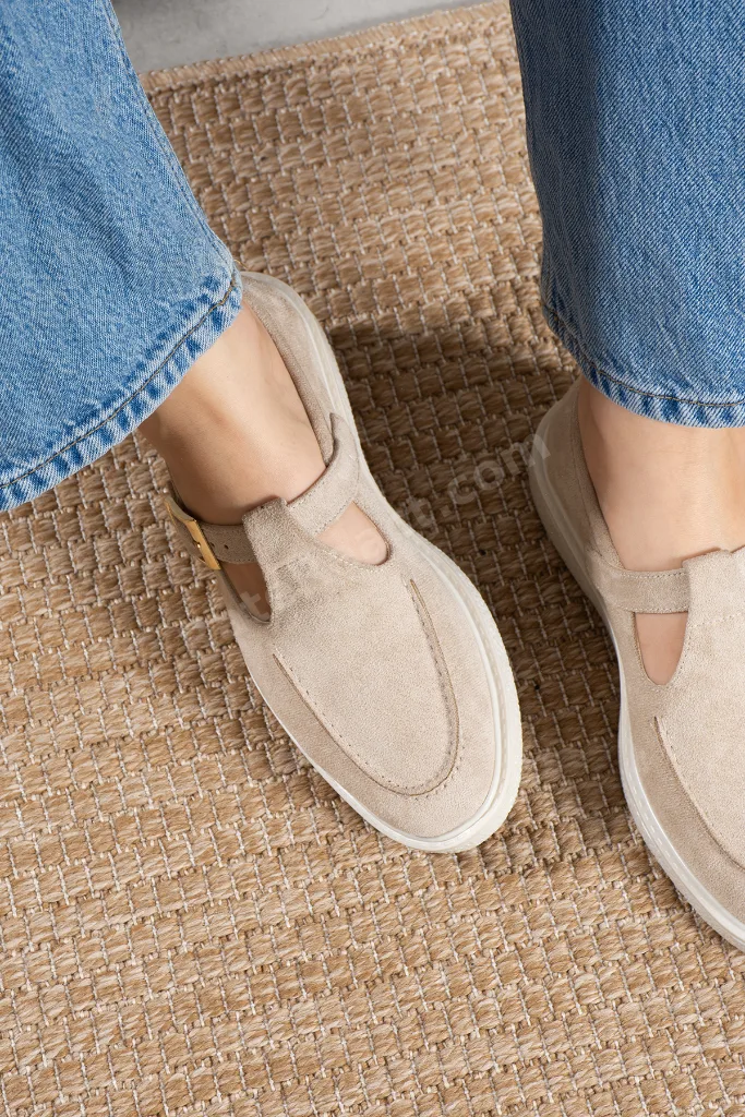 Kadın Bej Süet Loafer Ayakkabı Elite Comfort Makosen Rahat Günlük Ofis Casual Saraç Detay Tokalı