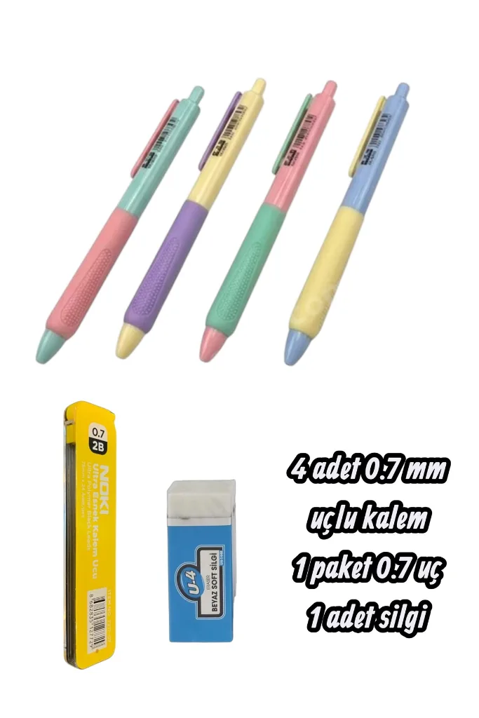 4 adet 0.7 mm uçlu kalem 1 paket 0.7 uç 1 adet silgi