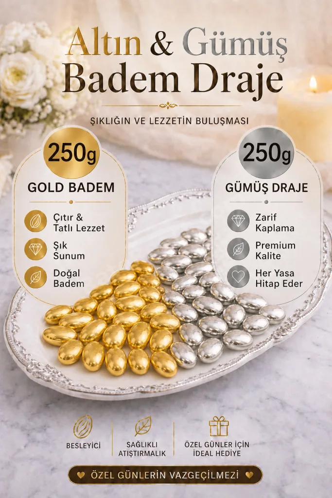 (250 GR) Gold Bademli Draje + (250 GR) Gümüş Bademli Draje Nişan Düğün Hediyelik Tatlı Atıştırmalık