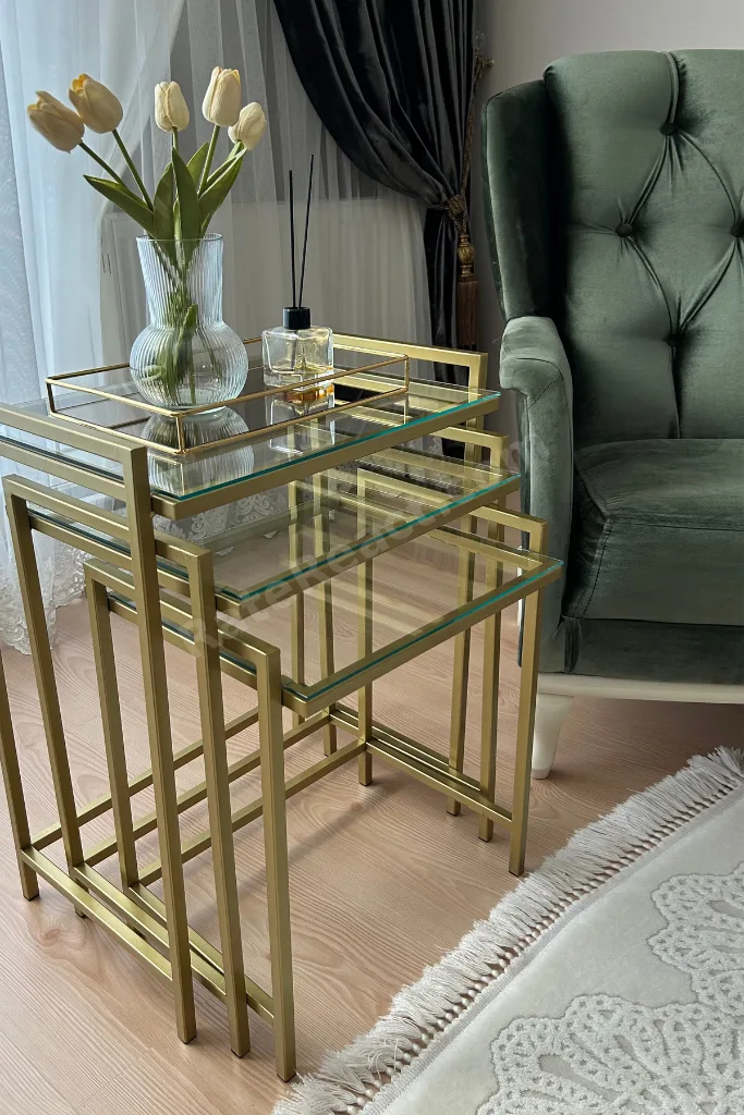 3'lü GOLD Rana Sehpa, Şeffaf Camlı, Çok Amaçlı Zigon Sehpa, Yan Sehpa, Orta Sehpa, Metal Sehpa