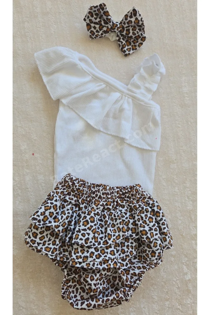 Kız Bebek Ribana Beyaz Tek Kol Askılı Çıtçıtlı Body Fırfırlı Desenli Etek Bandana set