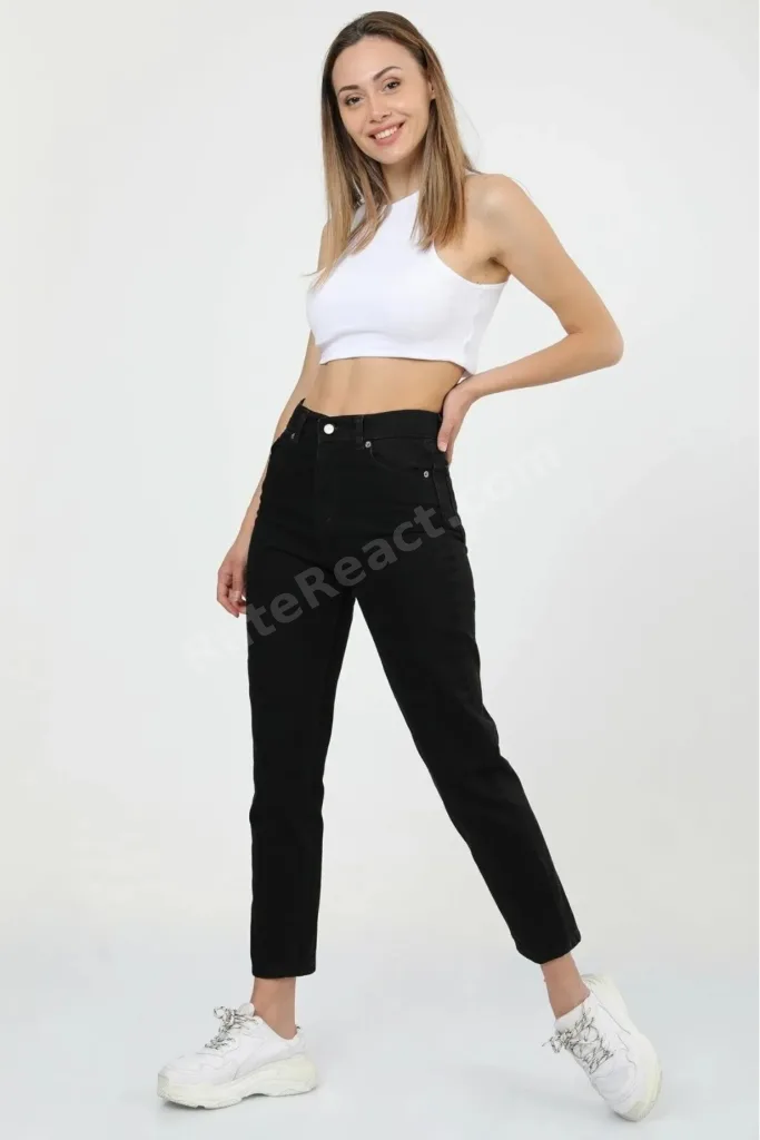 Giulia Ramrod Siyah Mom Jeans Yüksek Bel Boyfriend Pantolon