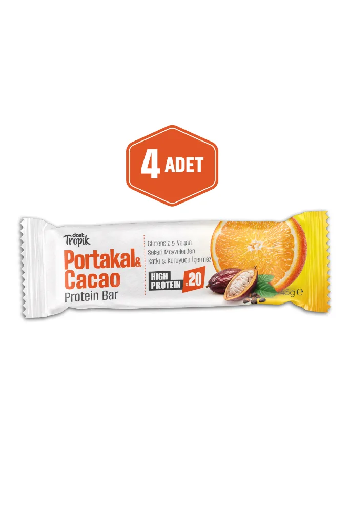 Portakal ve Kakao Aromalı Protein Bar 45 g | Protein İçeren Atıştırmalık ve Sporcu Barı | 4 Adet