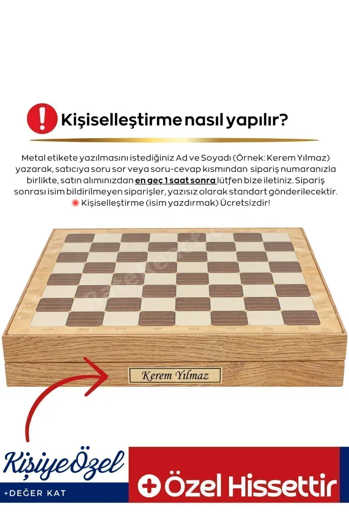Ahşap Satranç ve Dama Takımı, Kişiye Özel Metal Etiketli, 36cm Meşe Desenli