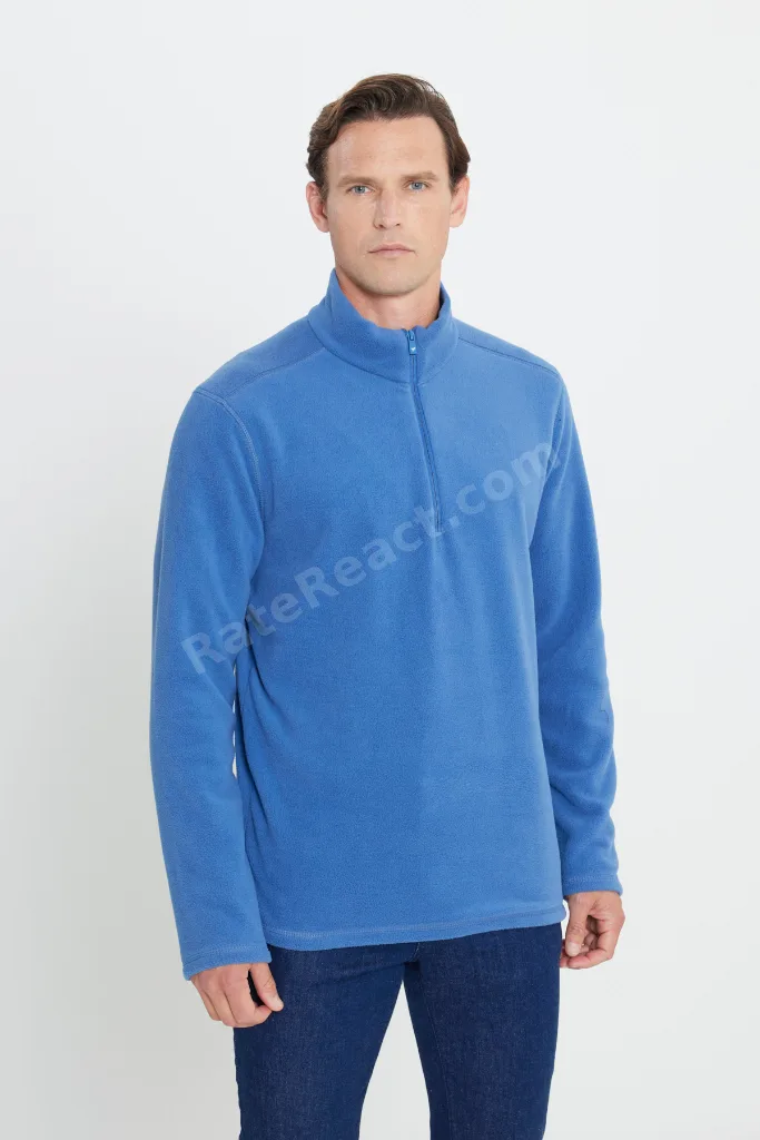 Erkek Indigo Anti-pilling Tüylenme Yapmayan Standart Fit Dik Yaka Soğuk Geçirmez Polar Sweatshirt