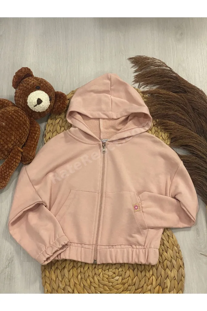 Kapüşonlu Toz Pembe Kız Çocuk Crop Hırka
