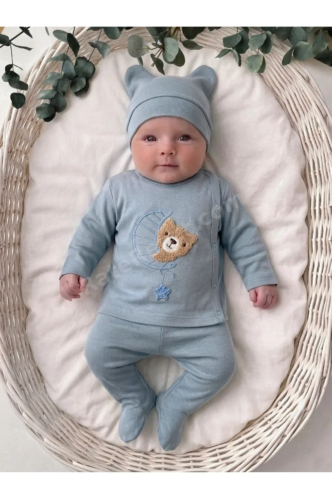 %100 Pamuk 0-3 Ay Yenidoğan Bebek Hastane Çıkışı 3'lü Set