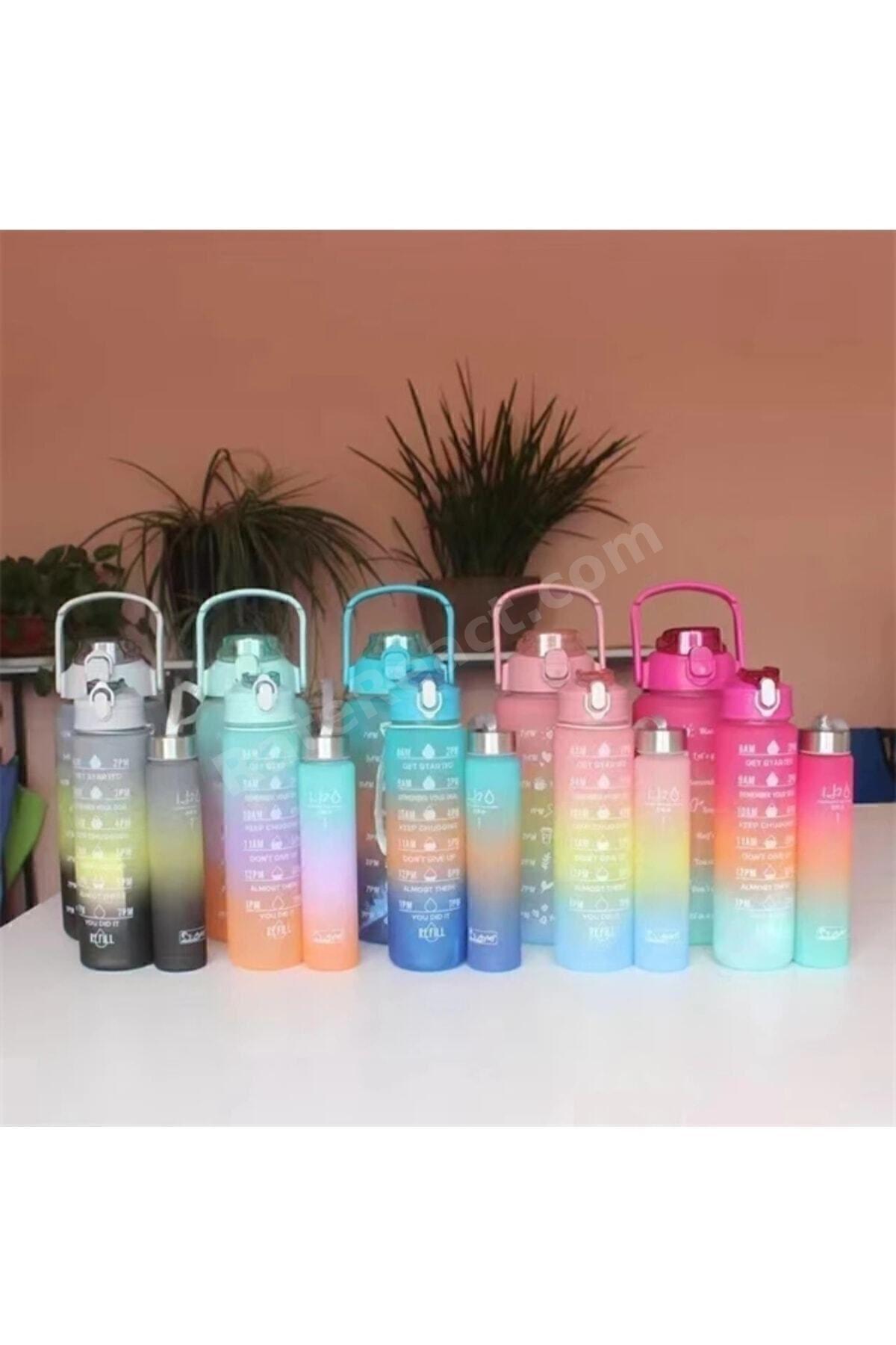 Motivasyonel 3lü Set Su Matarası Su Şişesi Suluk 2lt+900ml+600ml Tritan Spor Salonu Su Şişesi Suluk