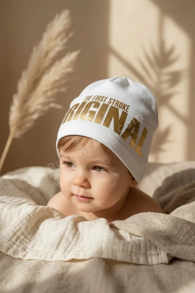 Nova Street Beyaz Pamuklu Bere - Gold Metalik Baskılı Hip-hop Tarzı Unisex Modern Şapka 2-4 Yaş
