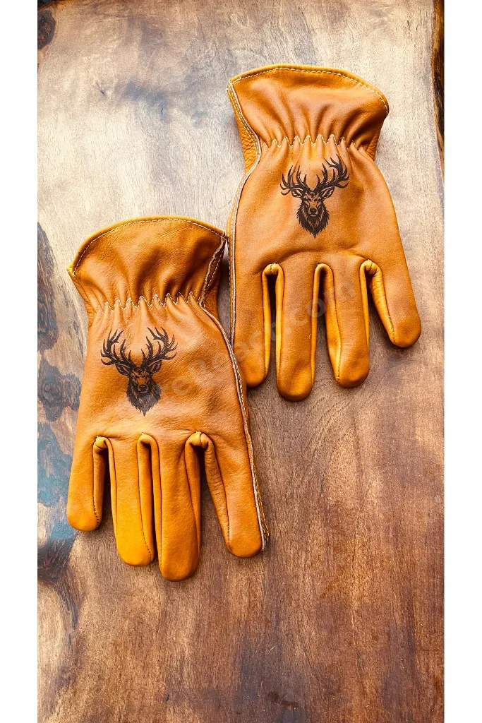 Gerçek Deri Bushcraft Eldiven – Geyik Desenli Kamp Outdoor Eldiveni