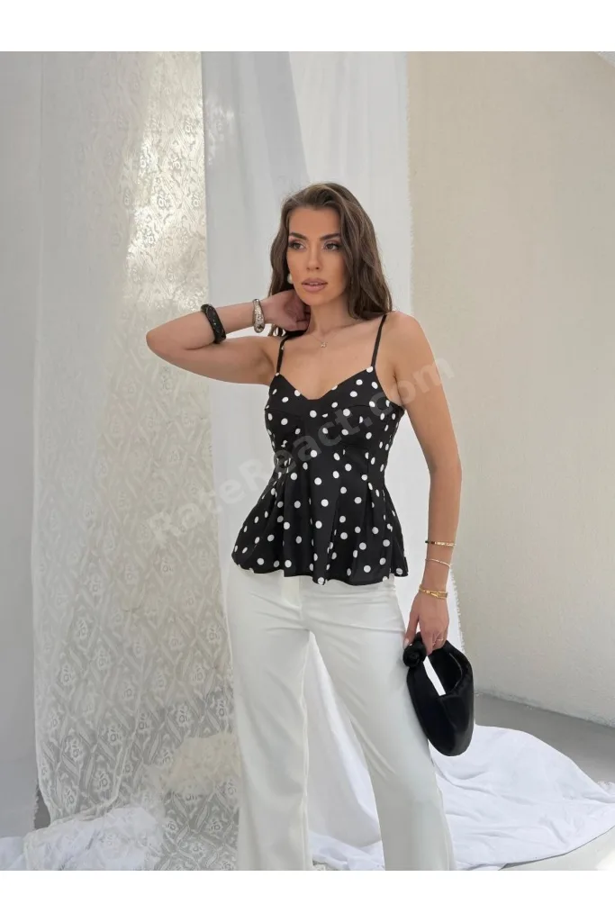 Kadın Ayarlanabilir İp Askılı Puantiye Desen Pileli Bluz