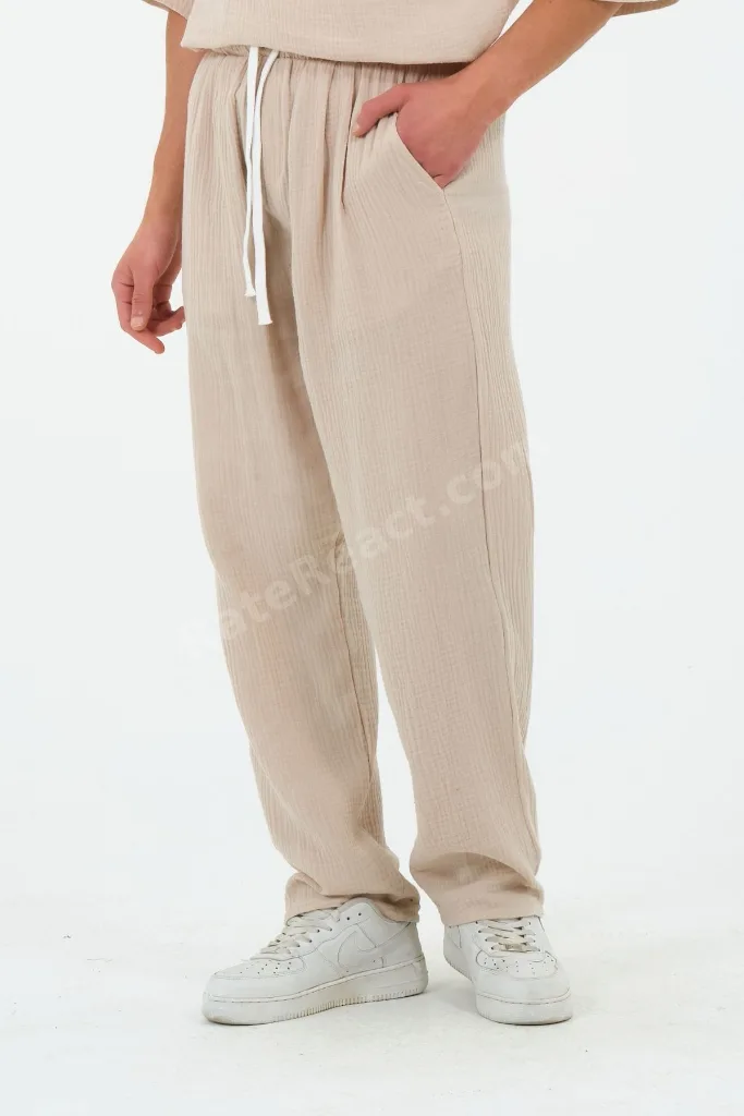 %100 Pamuk Müslin Kumaş Yazlık Baggy Bol Paça Bej Pantolon