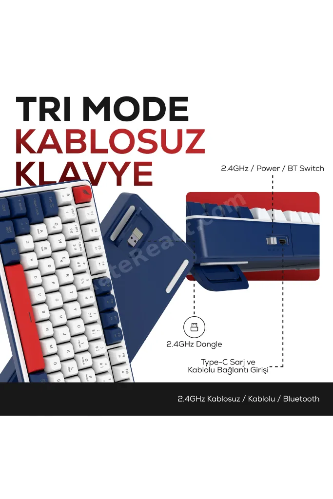 HK257 Membrane LCD RGB Kablosuz/Bluetooth Kırmızı Mavi Full Türkçe Gaming Klavye