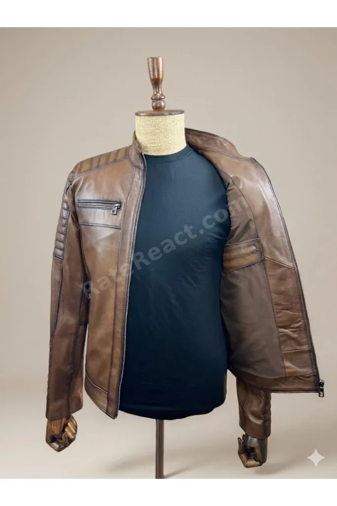 Hakiki Deri Kahverengi Eskitme Biker Erkek Mont - Kapitoneli Slim Fit Deri Ceket