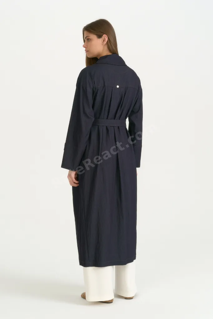 Kumaş Mixli Kuşaklı Rayon Kap - İndigo