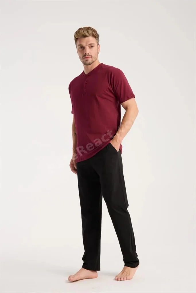 Erkek Bordo Düğmeli Yaka Kısa Kol Pijama Takımı MERY WOMAN