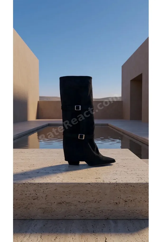 Gümüş Kemer Detaylı Tozluk Kadın Topuklu Sivri Burun Çizme