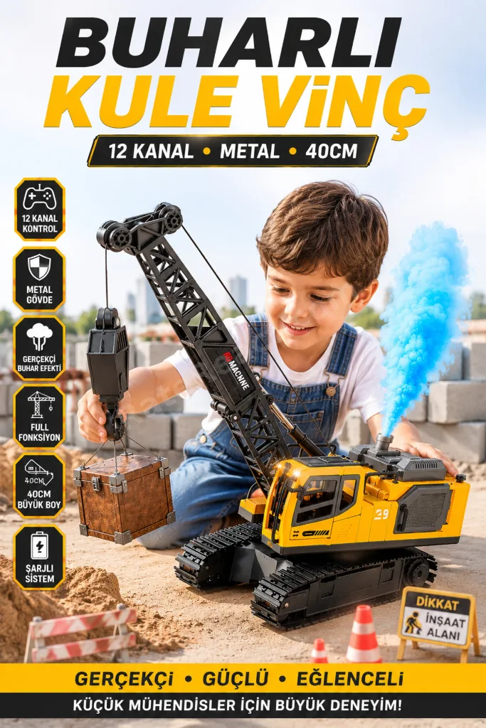 Uzaktan Kumandalı Buharlı Kule Vinç 40cm - 12 Kanal Metal Şarjlı İş Makinesi Oyuncağı