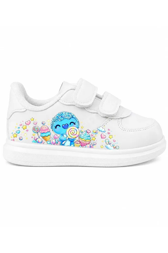 şeker ice krem baskılı beyaz bantlı çocuk spor ayakkabı sneaker
