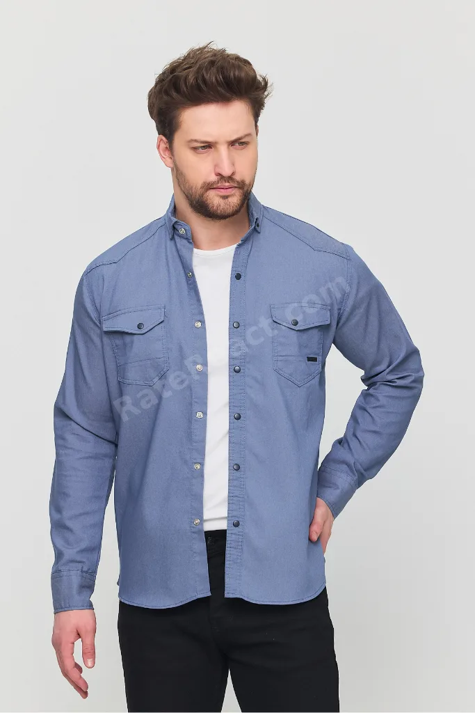 Slim Fit Erkek Kot Gömlek Mavi 5XL BEDEN 110-115 KİLO
