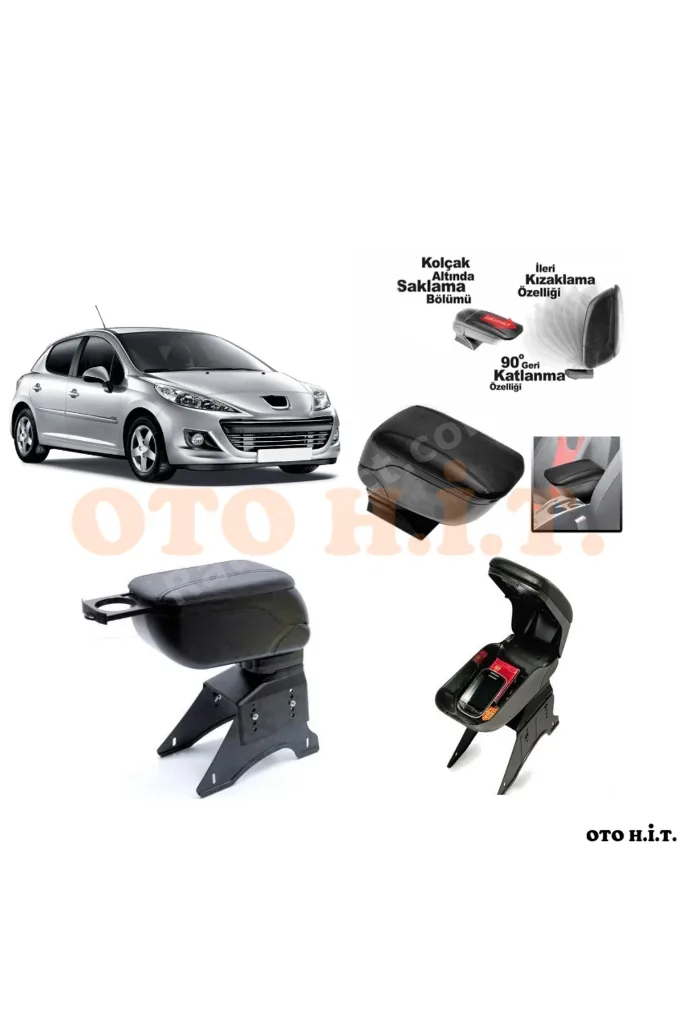 PEUGEOT 207 Uyumlu Kol Dayama Ve Kolçak Sürgülü Bardaklıklı Ayarlanabilir Siyah Deri