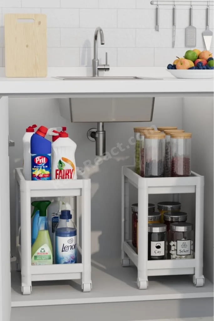 Life 2 Adet 2 Katlı Tekerlekli Tezgah Altı Beyaz Banyo Mutfak Rafı MIT1120 revif 827927