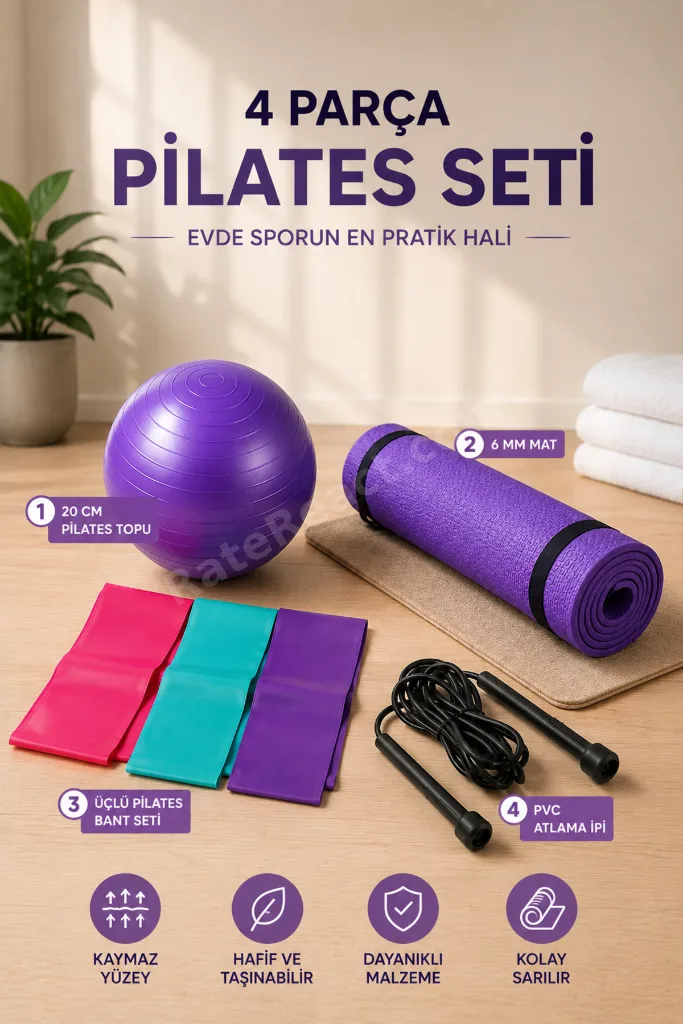 4 Parça Evde Pilates Seti Pilates Matı Pilates Lastiği 20 Cm Pilates Topu Atlama İpi