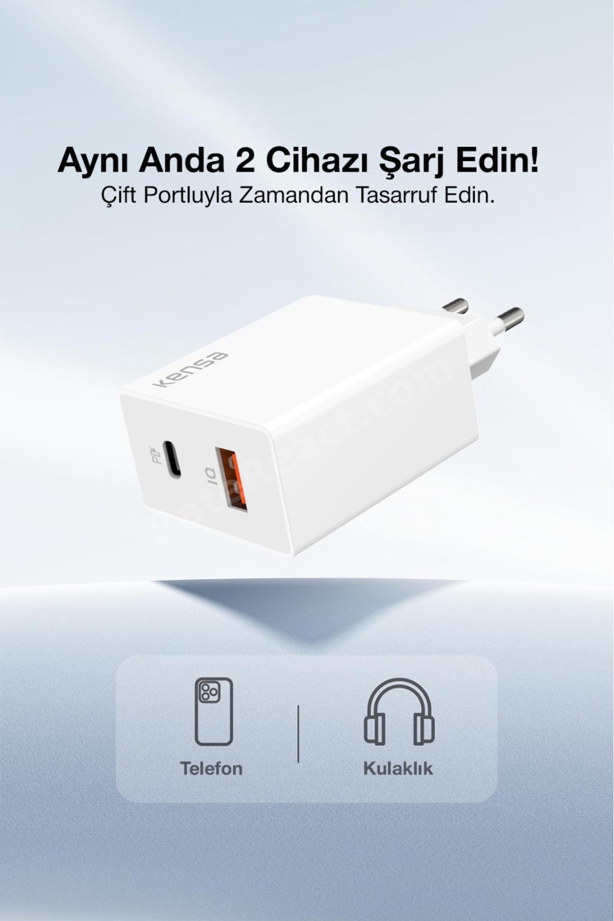 50W PD Çift Çıkışlı Hızlı Şarj Başlığı – USB-C + USB-A, Akıllı Güvenlik Çipli