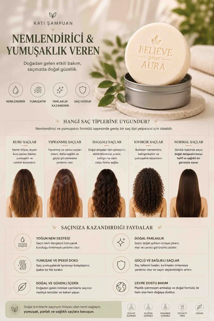 Derin Nemlendirici Yumuşatıcı Katı Şampuan - Kuru ve Kepekli Saçlar İçin Argan Yağı Aloe Vera E-Vitamini Provitamin B5 - 100 gr