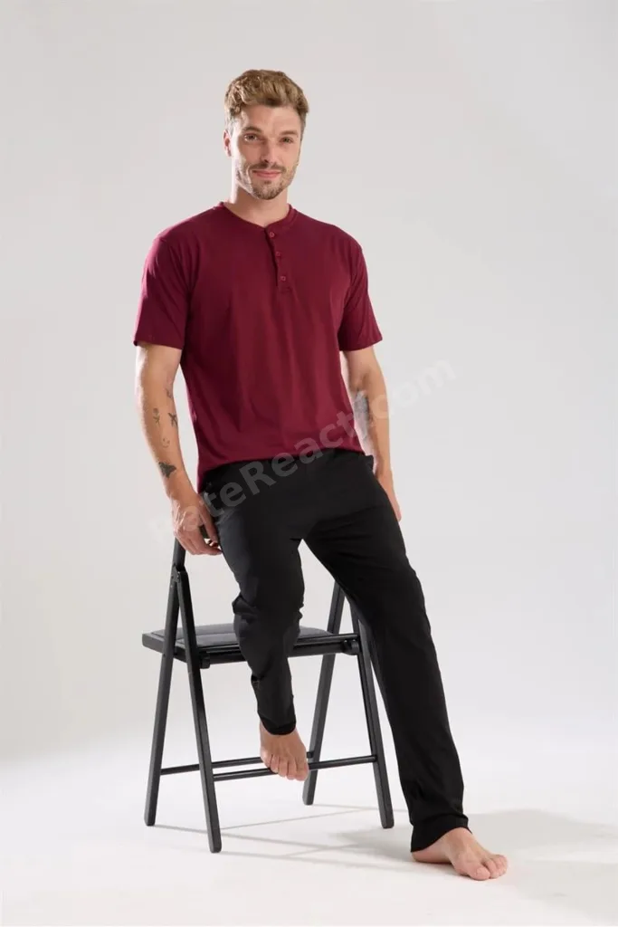 Erkek Bordo Düğmeli Yaka Kısa Kol Pijama Takımı MERY WOMAN