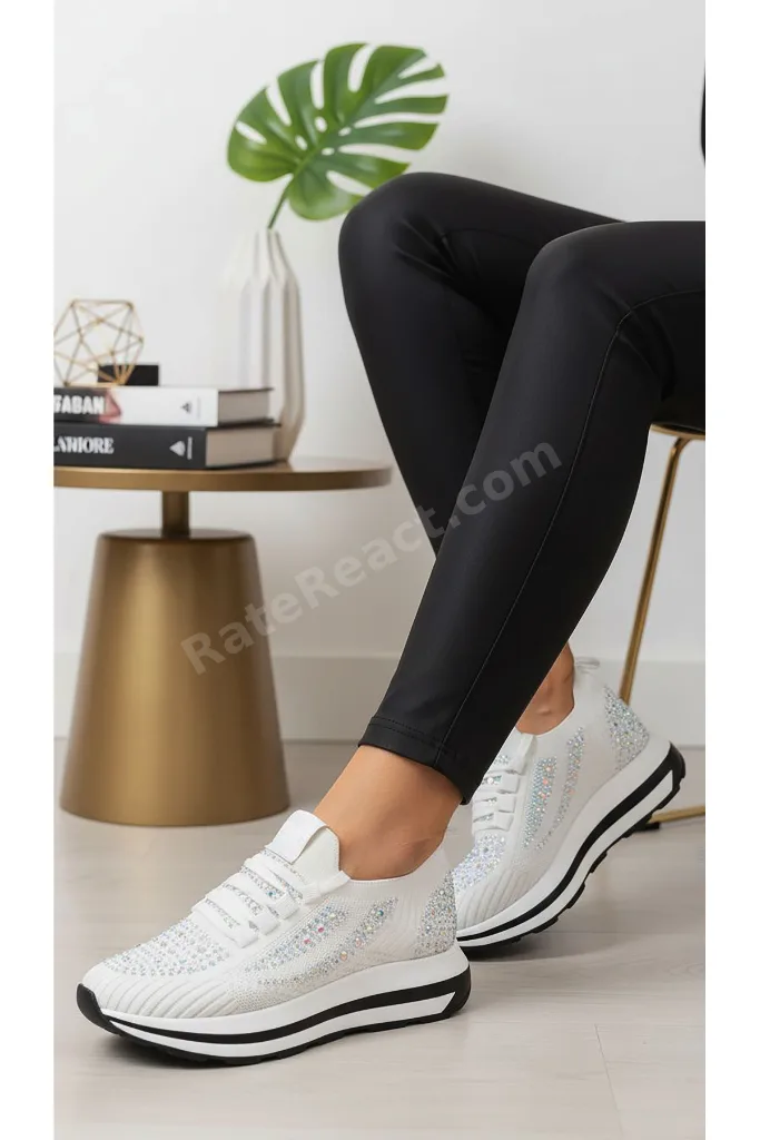 Taşlı beyaz triko kadın sneaker