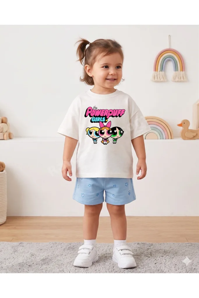 Powerpuff Girls Baskılı Kız Çocuk Oversize Tişört %100 Pamuk Kısa Kollu Çocuk Tişörtü