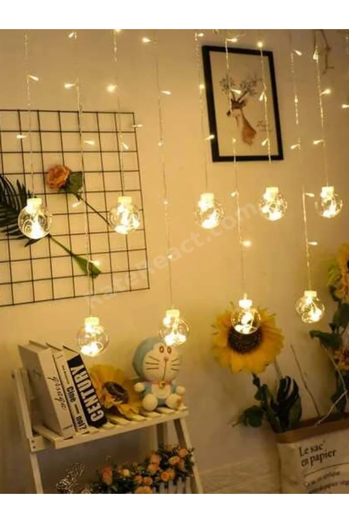 Dekoratif Işıklı Saçaklı Top Perde Led Fişli 8 Fonksiyonlu Günışığı