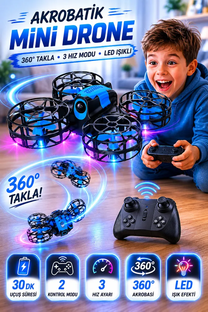 LED Işıklı Mini Drone - 360° Takla Atan 2 Mod 3 Hız Ayarlı Şarjlı Akrobatik Çocuk Drone