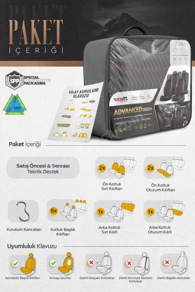 Advanced Design Özel Tasarım Premium Süet-deri Ekstra Destekli Universal Oto Koltuk Kılıfı Tam Set
