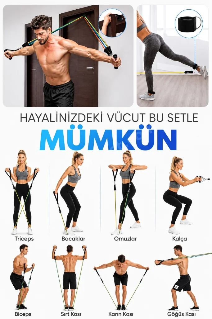 19-30 KG Ayarlanabilir Direnç Bandı Seti 11 Parça Spor Pilates Yoga Egzersiz Barfiks Spor Lastiği