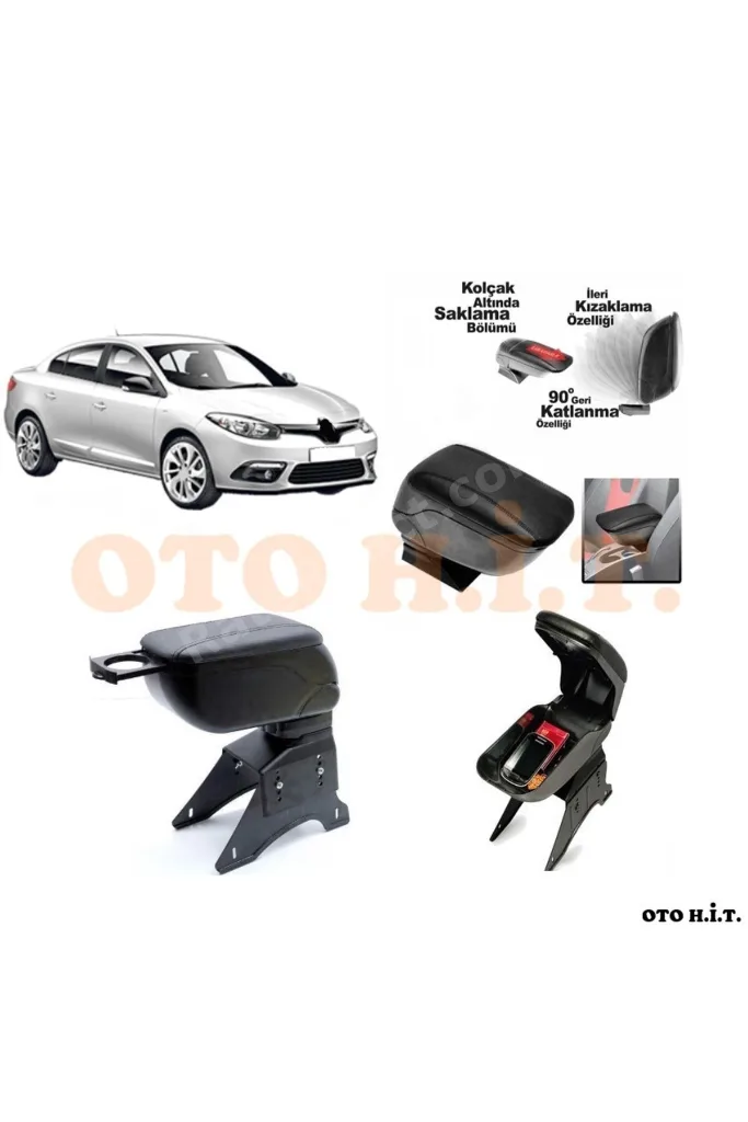RENAULT FLUENCE MAKYAJLI Uyumlu Kol Dayama Ve Kolçak Sürgülü Bardaklıklı Ayarlanabilir Siyah Deri