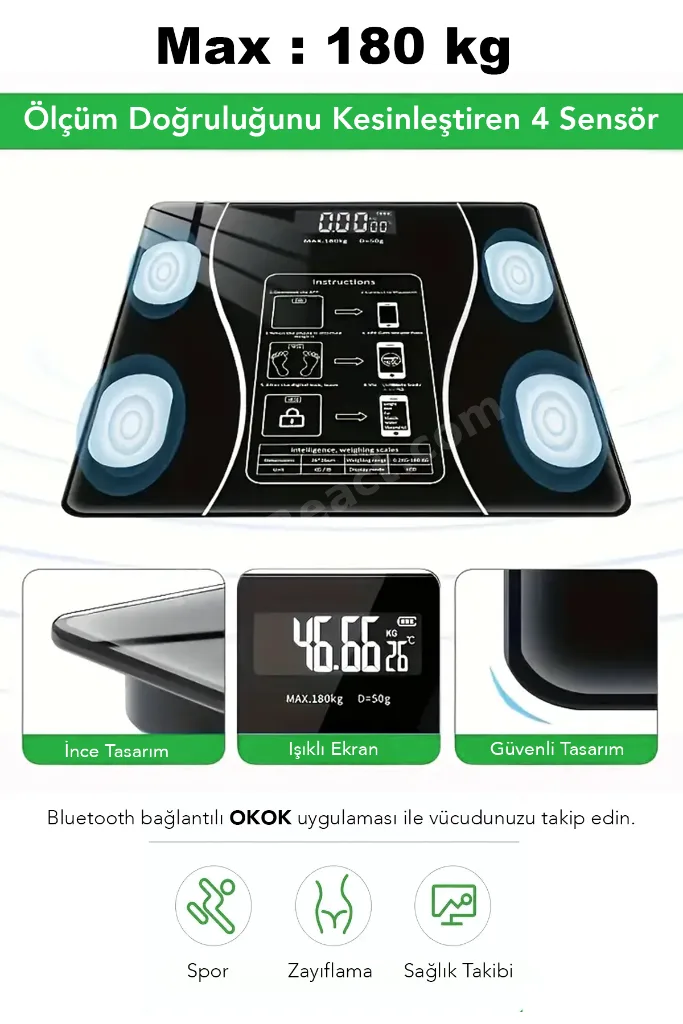 Dijital Bluetooth Baskül - Yağ Su Kas Vücut Kitle Endeksi Kilo Ölçer Tartı Vücut Analiz Cihazı Siyah