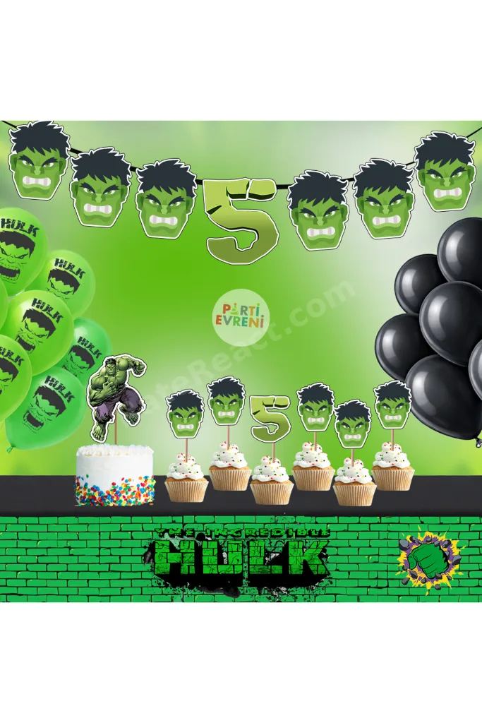 Hulk Doğum Günü Seti | Yaş Seçenekli Afiş, Pasta Süsü Seti, Balon