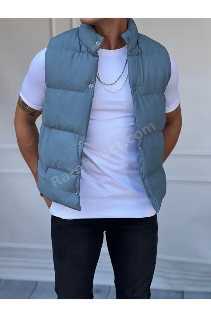 Erkek İndigo Dik yaka Boncuk Elyaf Şişme Yelek