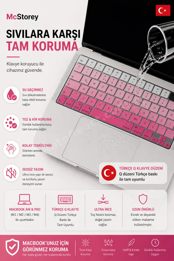 MacBook Kılıf Türkçe‑Q Klavye Koruyucu M5 M4 M3 M2 M1 Silikon Kapak Toz Dökülme Çizilme Karşı Koruma