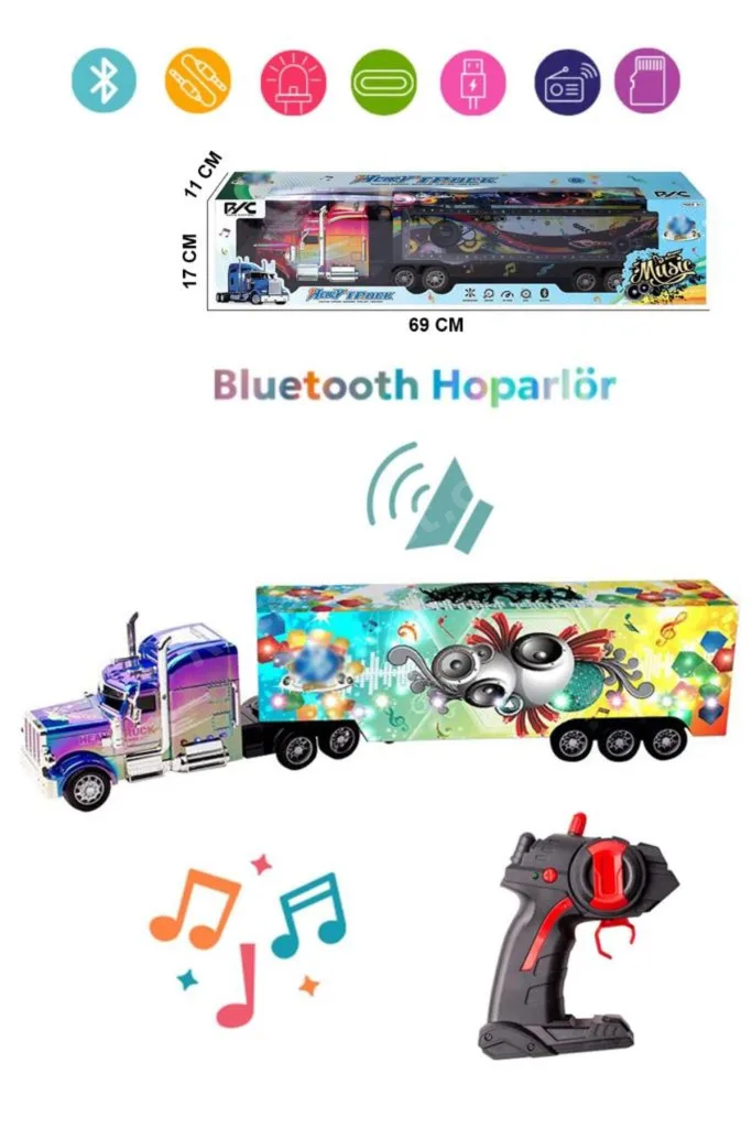 Şarjlı Kumandalı Bluetooth Hoparlör Müzikli Işıklı 60 cm 2.4G Dorseli Oyuncak Tır- Mor