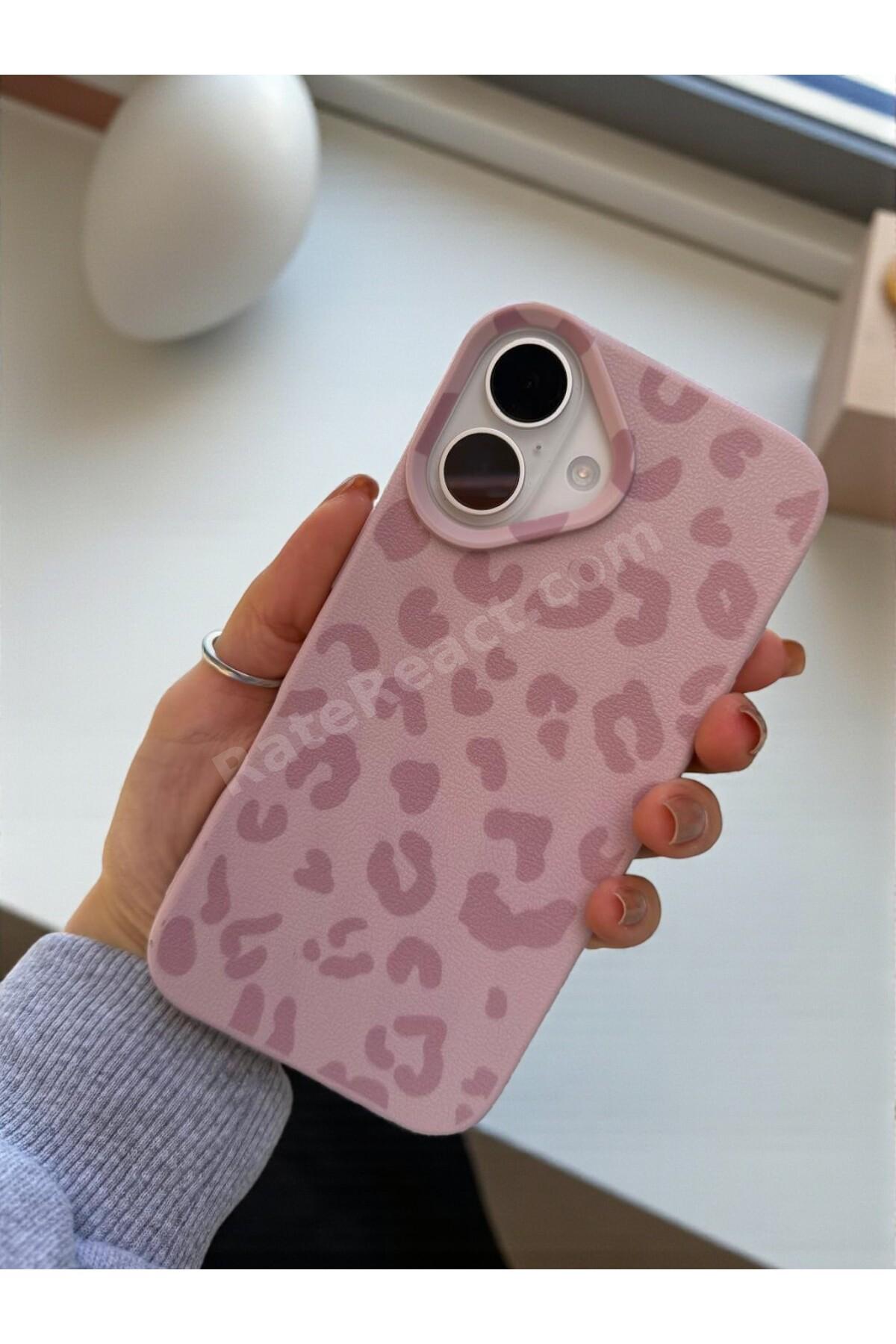 iPhone 16 Uyumlu Pembe Leopar Desenli İnce Yumuşak Silikon Kılıf