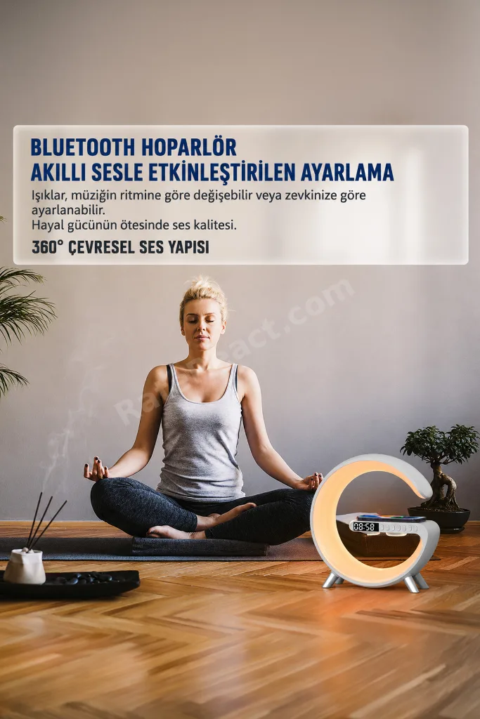 Bluetooth Hoparlör Kablosuz Şarjlı Saat Masa Lambası 3in1 G1 Beyaz