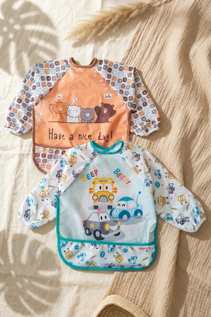 2'li Sıvı Geçirmez Uzun Kollu Mama Önlüğü 6-24 Ay- Blw Uyumlu, Kırıntı Cepli, Leke Tutmaz Bebek Yeme