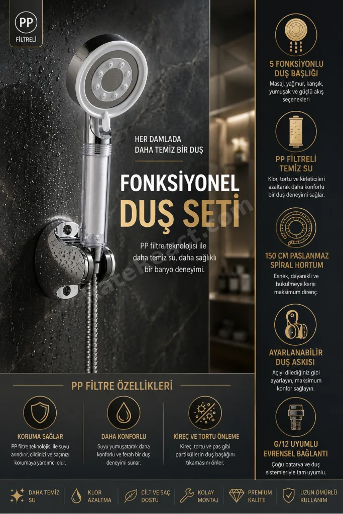 Filtreli Beyaz Çelik 5 Fonksiyonlu Duş Başlığı Seti – 150 cm Çelik Örgülü Hortum + mafsal