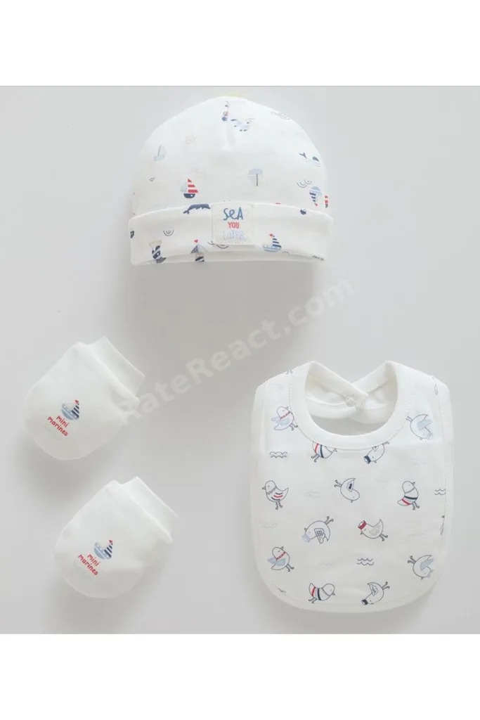 İncibaby Caramell % 100 Organik Pamuk Yumuşak Dokulu Marine Detaylı (Bere, Eldiven, Önlük) 3'lü Set kutulu Hediyelik