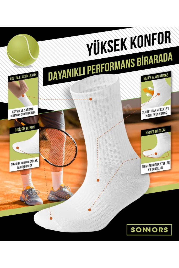 4 Çift Kadın Erkek Spor Çorap Kemer Destekli ve Kompresyon Tenis Çorabı Siyah Beyaz