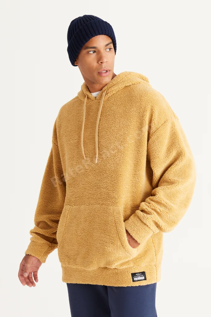 Erkek Hardal Oversize Bol Kesim Kapüşonlu Sherpa Sweatshirt Polar