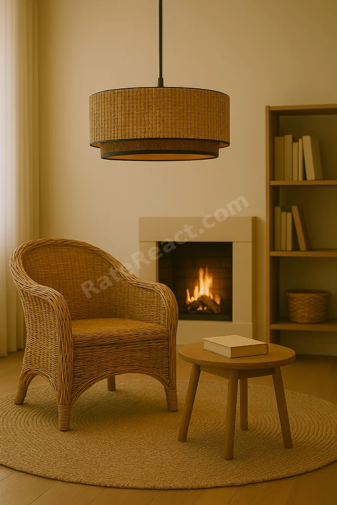 Modern Doğal Hazeran Rattan Hasır Avize, Ahşap Desenli